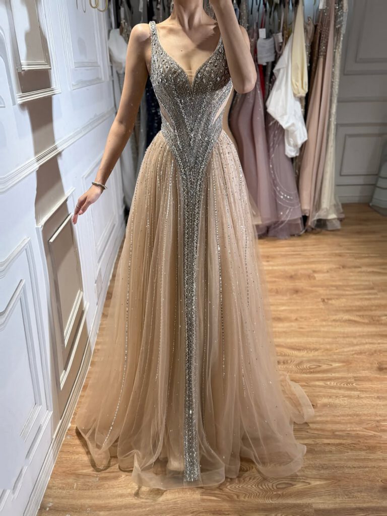 Nove Dress Blue Crystal Beaded V-Neck A-Line Evening Dress