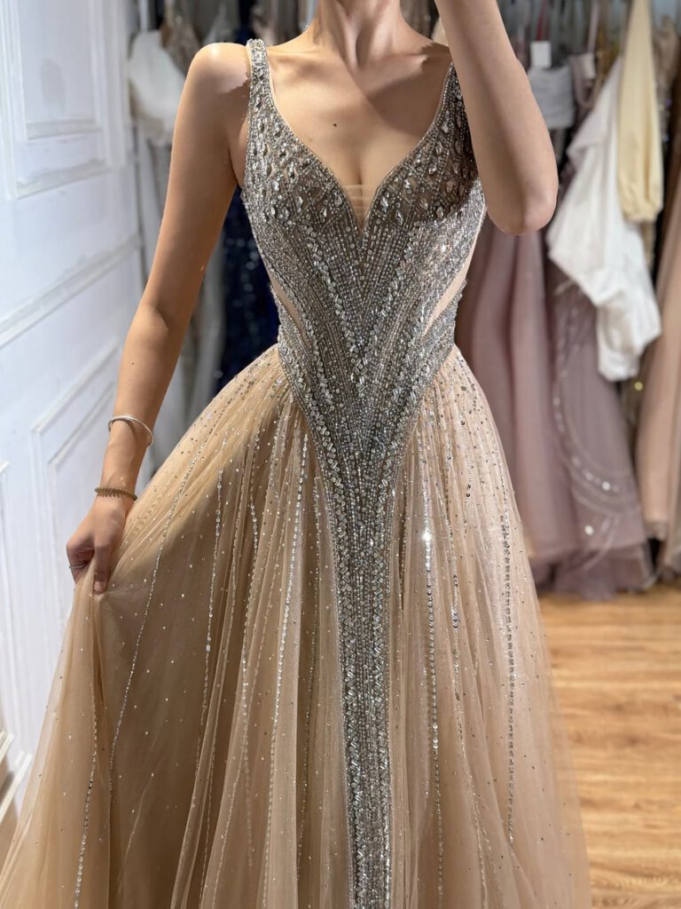 Nove Dress Blue Crystal Beaded V-Neck A-Line Evening Dress