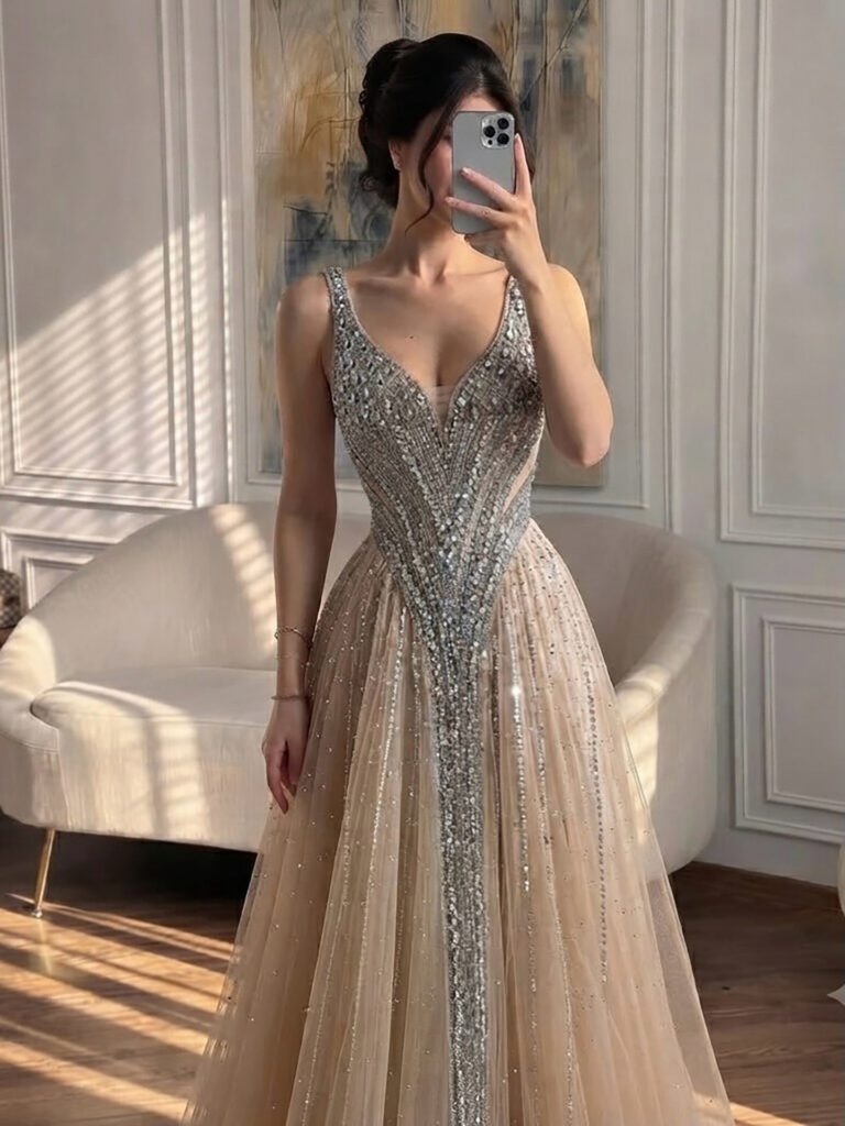 Nove Dress Blue Crystal Beaded V-Neck A-Line Evening Dress