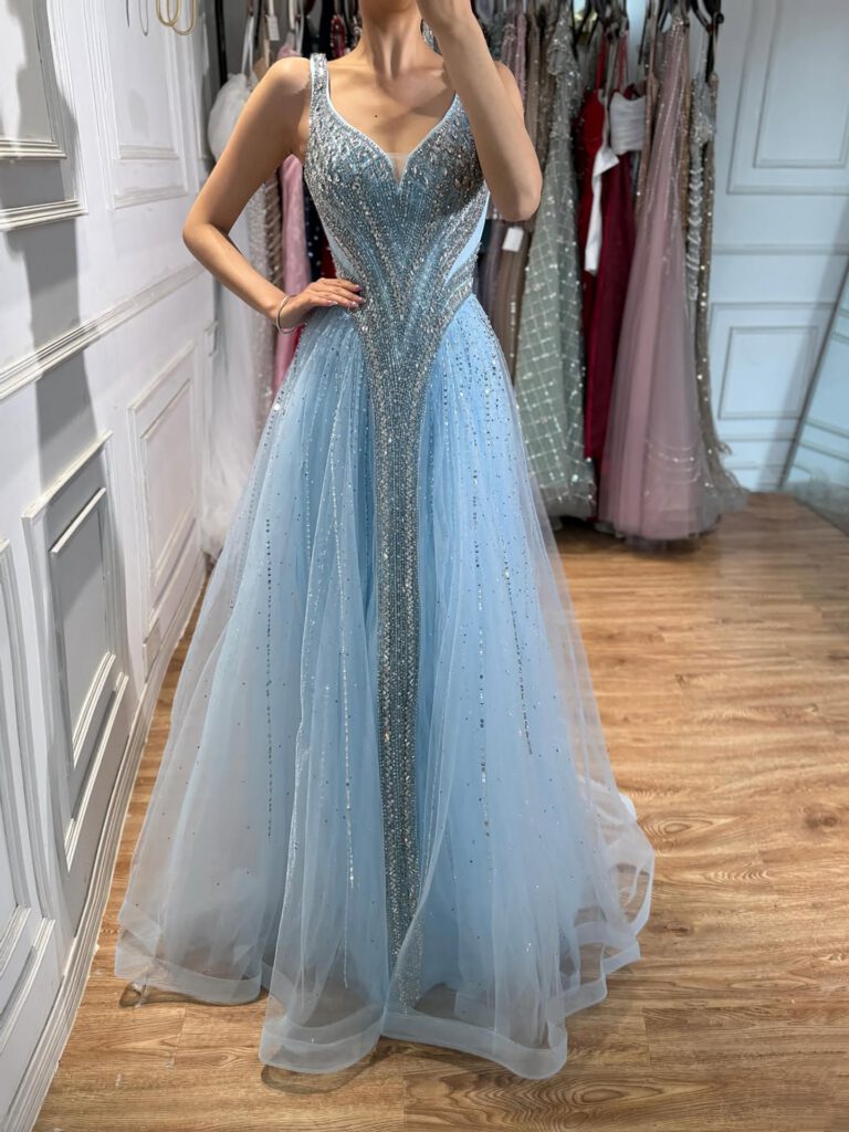 Nove Dress Blue Crystal Beaded V-Neck A-Line Evening Dress