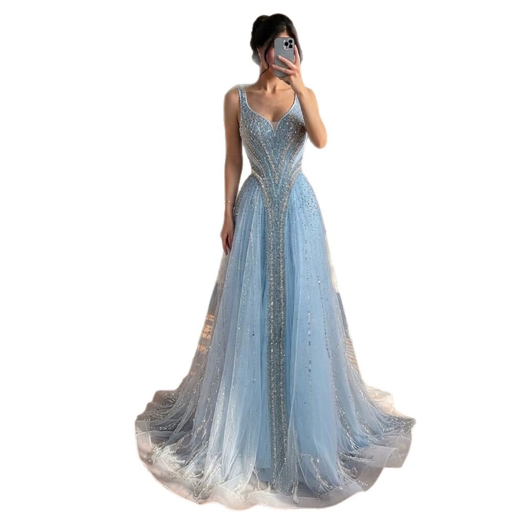 Nove Dress Blue Crystal Beaded V-Neck A-Line Evening Dress