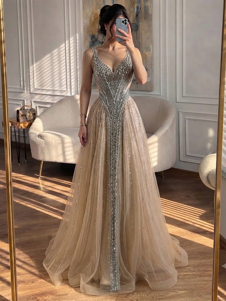 Nove Dress Blue Crystal Beaded V-Neck A-Line Evening Dress