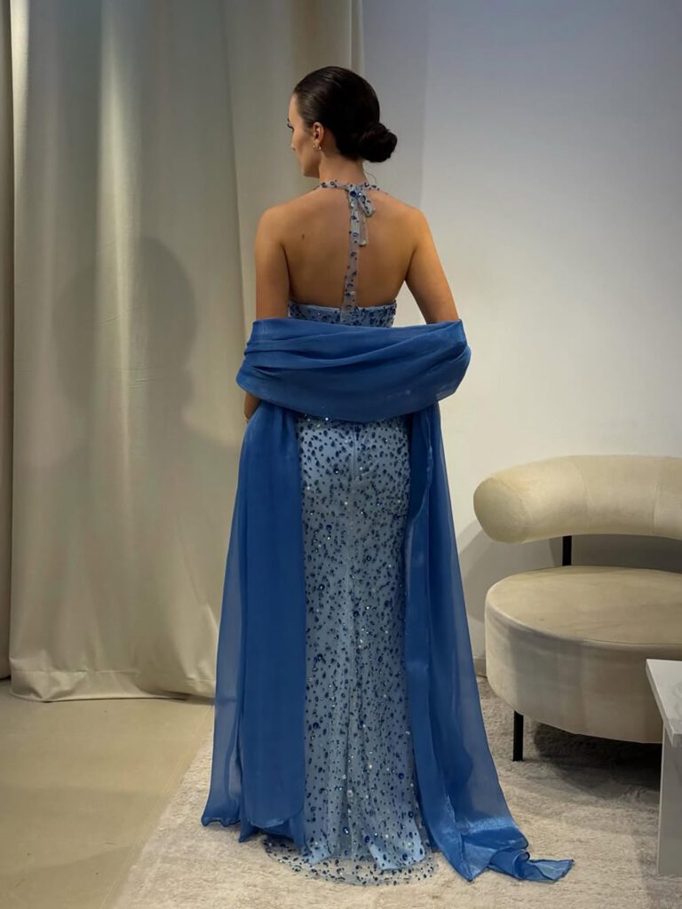 Nove Dress blauw avondjurk met halter
