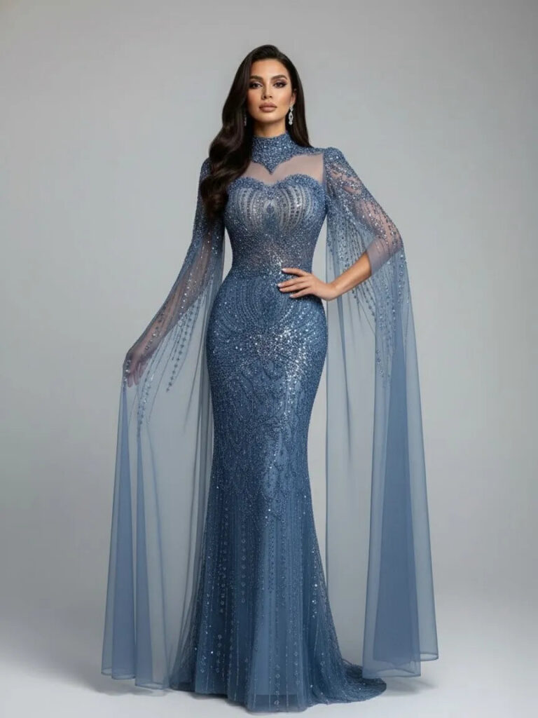 Nove Dress Blue Mermaid Modest Evening Dress