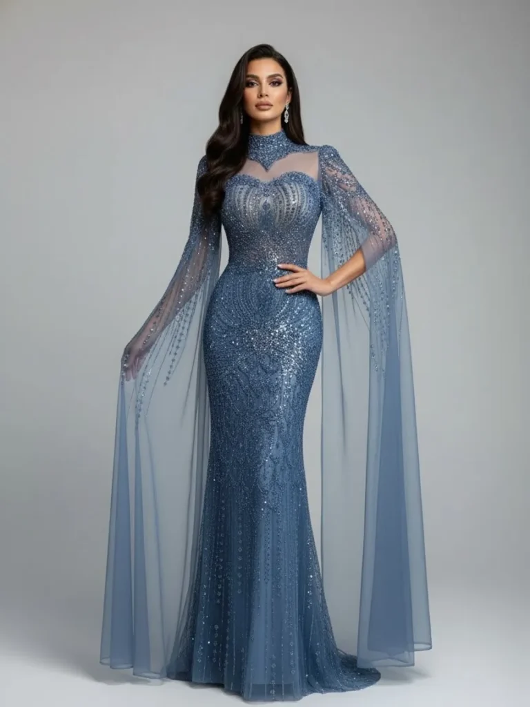 Nove Dress Blue Mermaid Modest Evening Dress