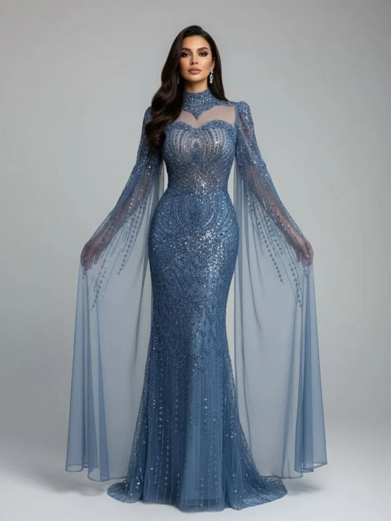 Nove Dress Blue Mermaid Modest Evening Dress