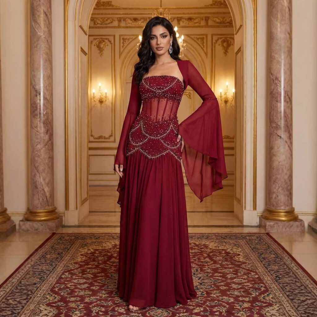 Nove Dress Blue Pearl Beaded Evening Dress