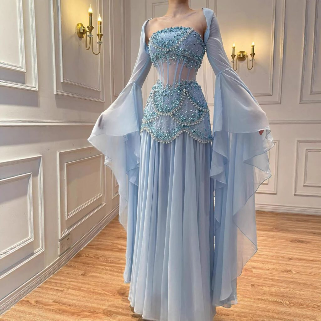 Nove Dress Blue Pearl Beaded Evening Dress
