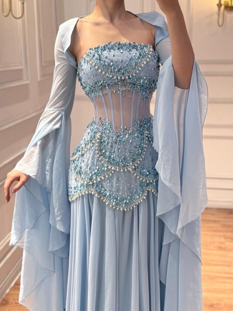 Nove Dress Blue Pearl Beaded Evening Dress