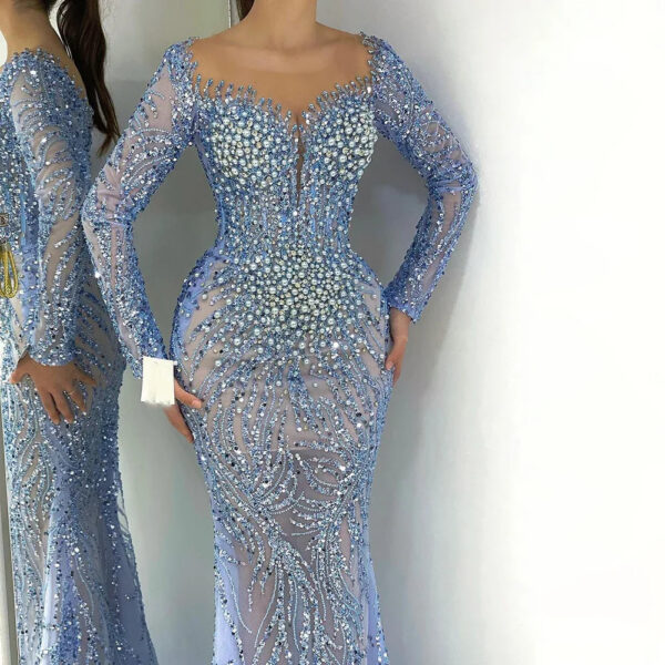 Nove Dress Blue Pearl Beaded Mermaid Arabic Evening Dress 1 - Nove Dress