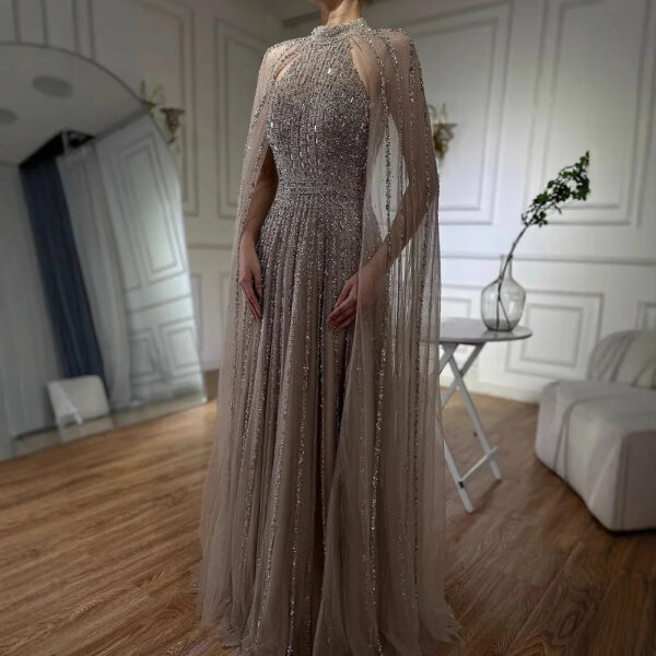 Nove Dress Caramel Beaded Cape Sleeve A-Line Evening Dress - Style LA72306B 1 - Nove Dress
