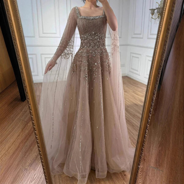 Nove Dress Caramel Beaded Cape Sleeve A-Line Evening Dress - Style LA73089A 1 - Nove Dress