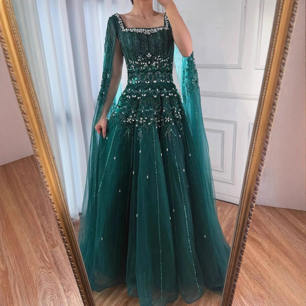 Nove Dress Caramel Beaded Cape Sleeve A-Line Evening Dress - Style