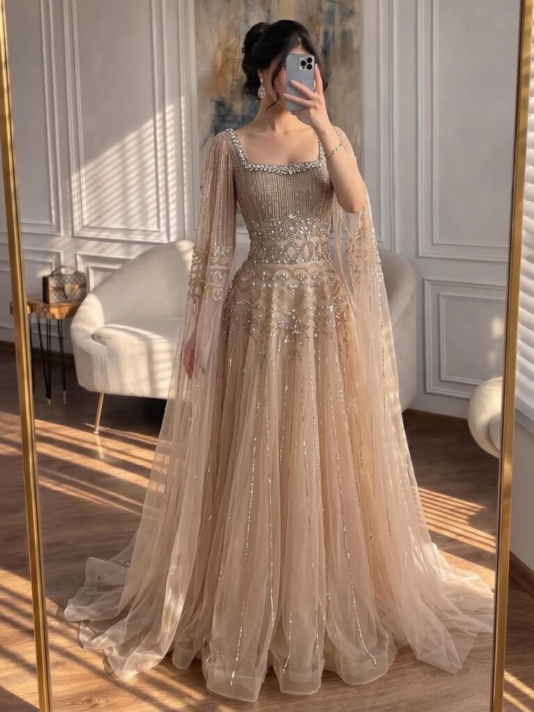 Nove Dress Caramel Beaded Cape Sleeve A-Line Evening Dress - Style