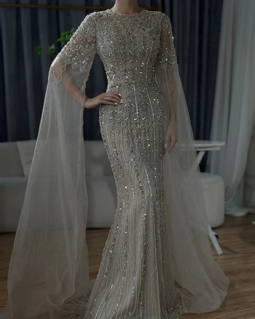 Nove Dress Caramel Beaded Cape Sleeve Arabic Evening Dress