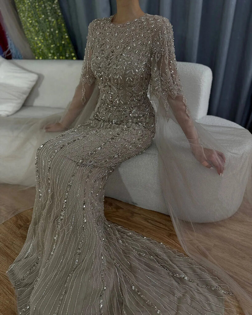 Nove Dress Caramel Beaded Cape Sleeve Arabic Evening Dress