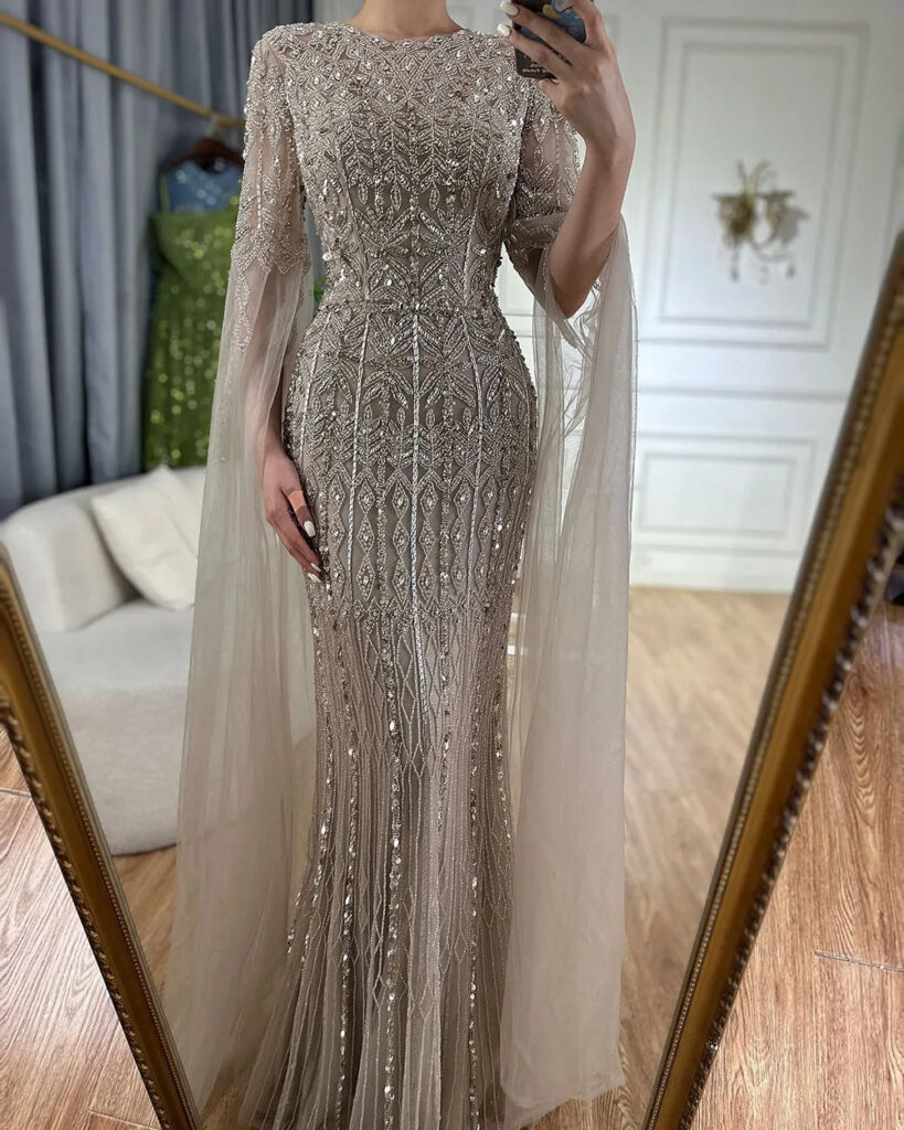 Nove Dress Caramel Beaded Cape Sleeve Arabic Evening Dress