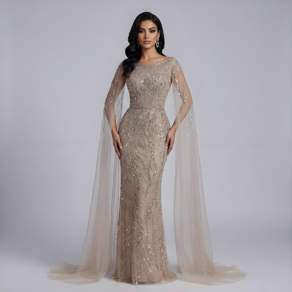 Nove Dress فستان سهرة كراميل مطرز أكمام كيب