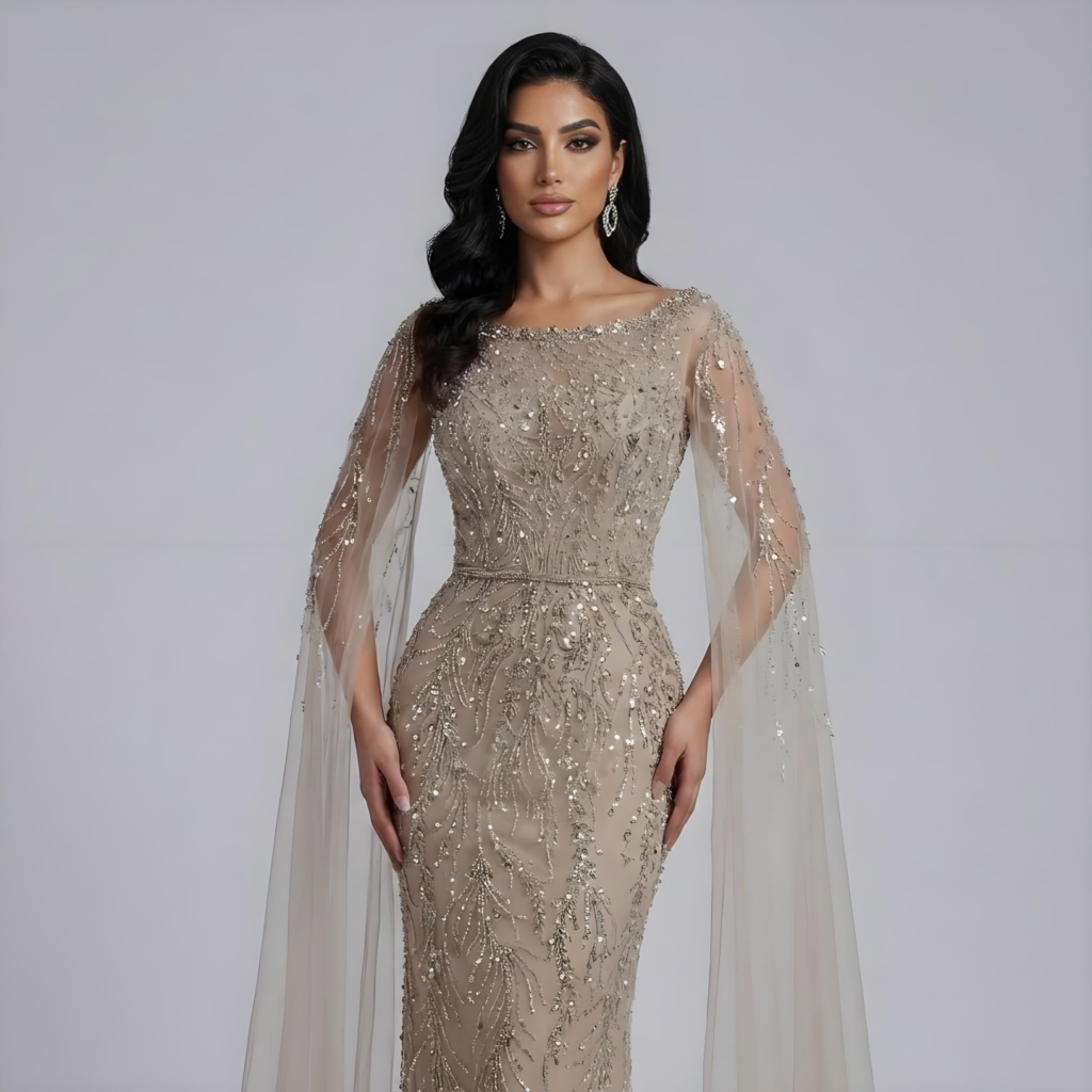 Nove Dress فستان سهرة كراميل مطرز أكمام كيب