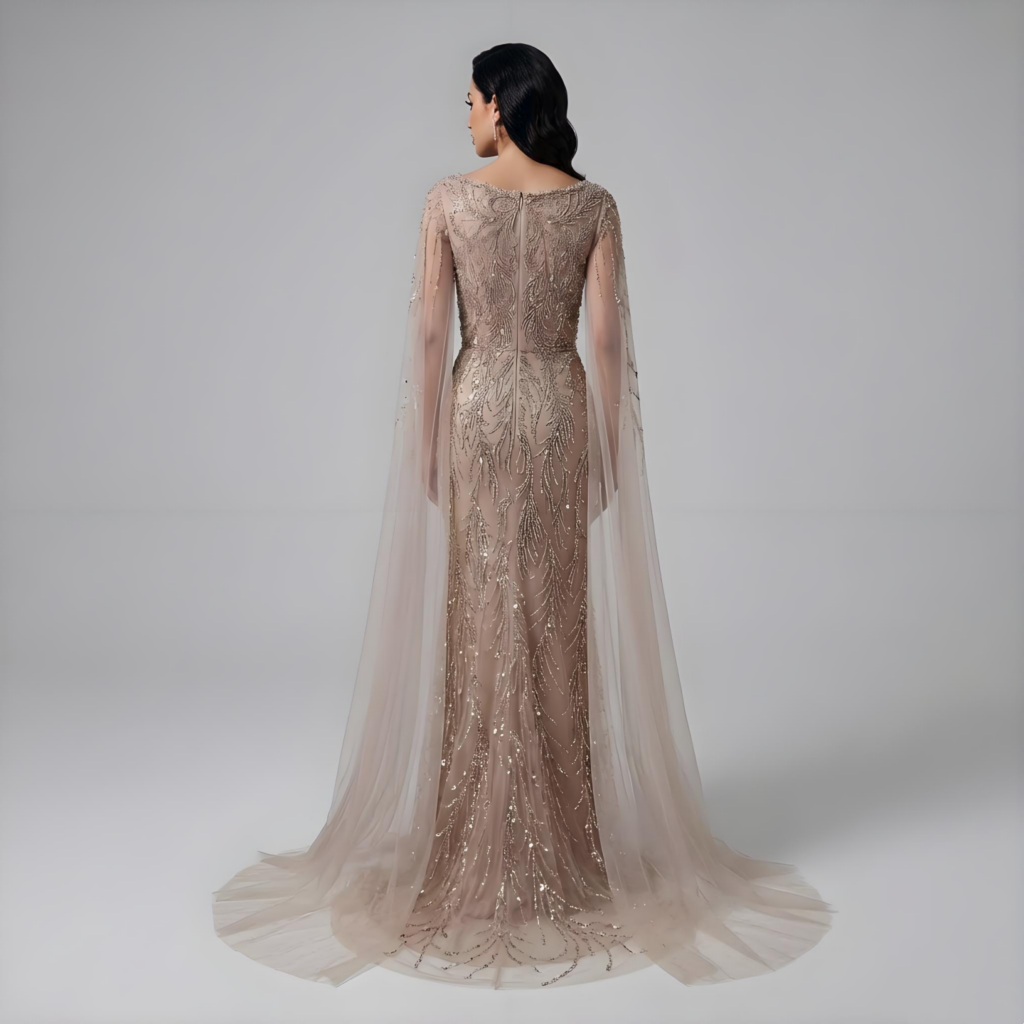 Nove Dress فستان سهرة كراميل مطرز أكمام كيب