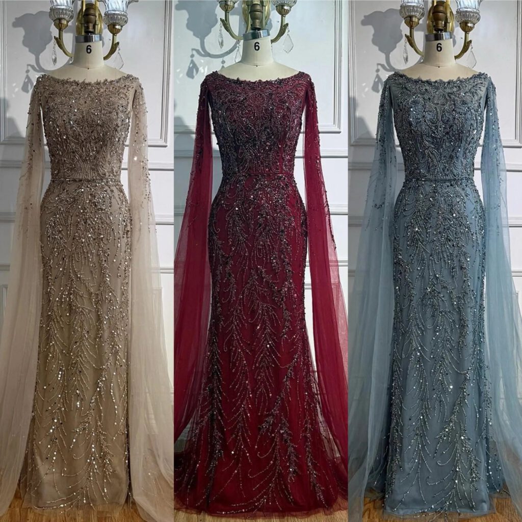 Nove Dress فستان سهرة كراميل مطرز أكمام كيب