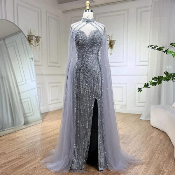 Nove Dress Caramel Beaded Cape Sleeve High Slit Mermaid Evening Dress - Style LA72233 1 - Nove Dress