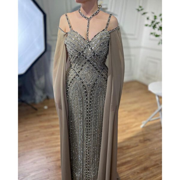 Nove Dress Caramel Beaded Cape Sleeve Mermaid Arabic Evening Dress - Style LA72053A 1 - Nove Dress