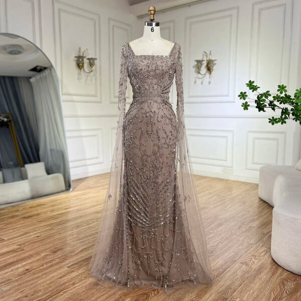 Nove Dress Caramel Beaded Cape Sleeve Mermaid Arabic Evening Dress - Style LA72400A 1 - Nove Dress