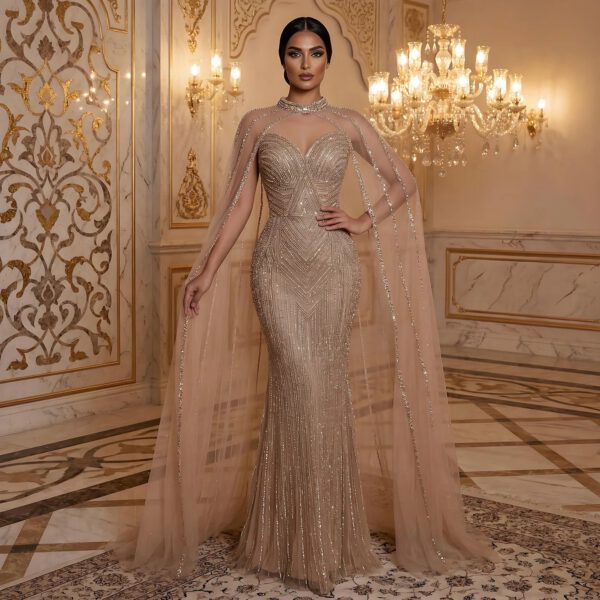 Nove Dress Caramel Beaded Cape Sleeve Mermaid Evening Dress 1 - Nove Dress