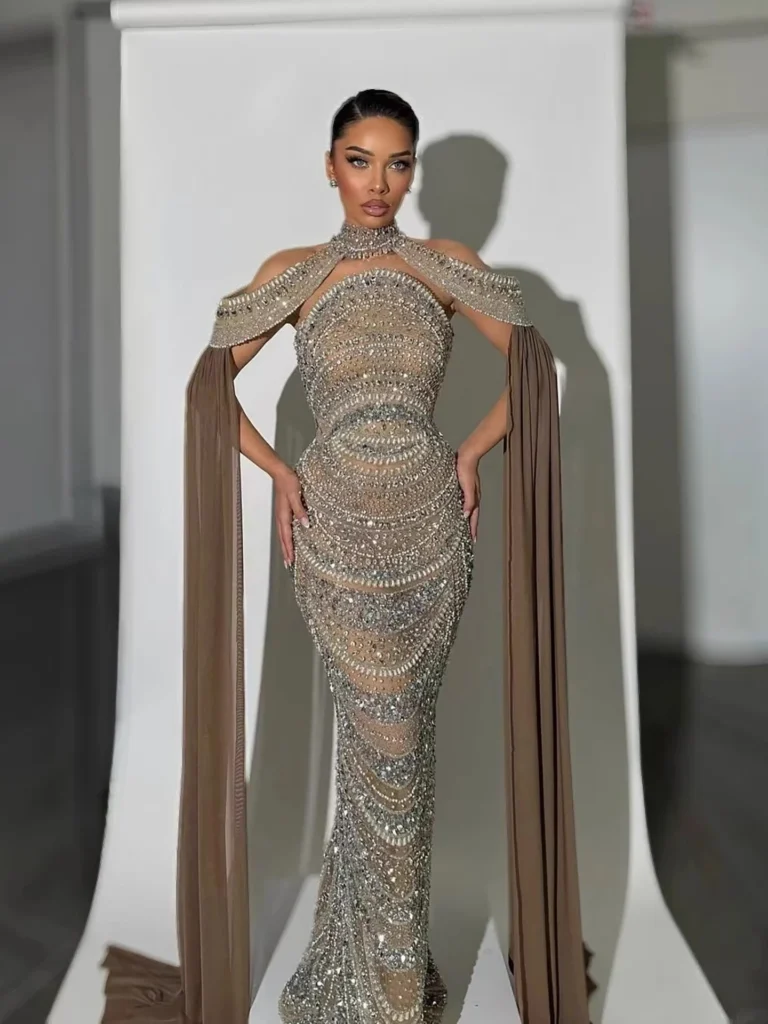 Nove Dress Caramel Beaded Evening Dress - Style