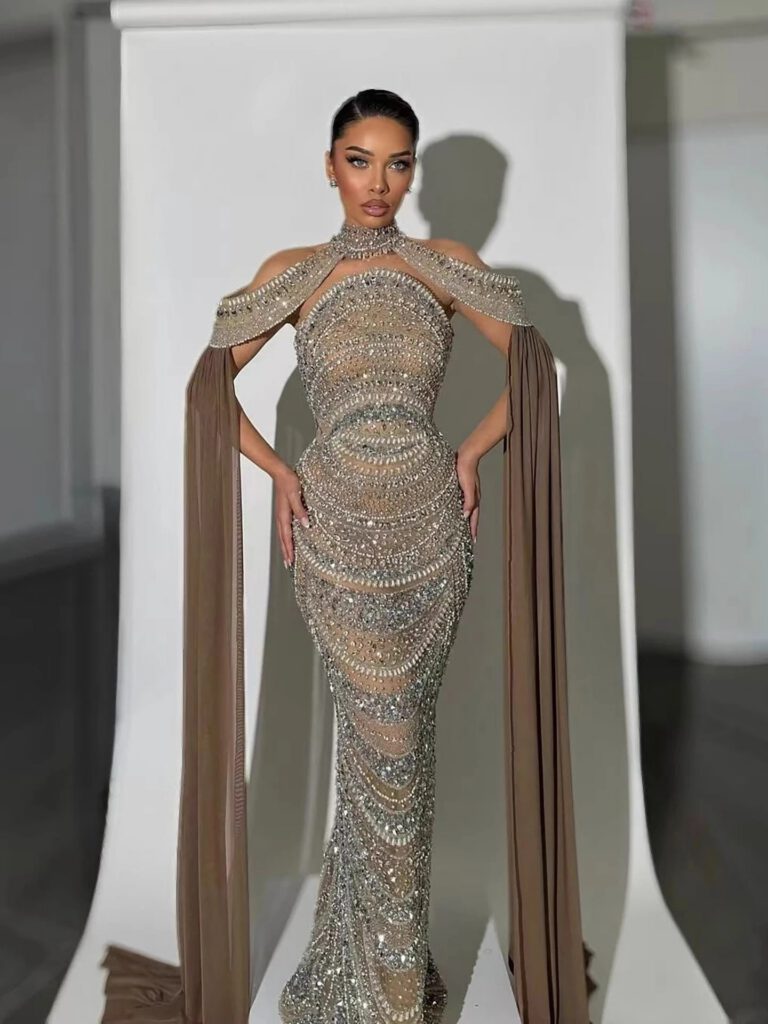 Nove Dress Caramel Beaded Evening Dress - Style