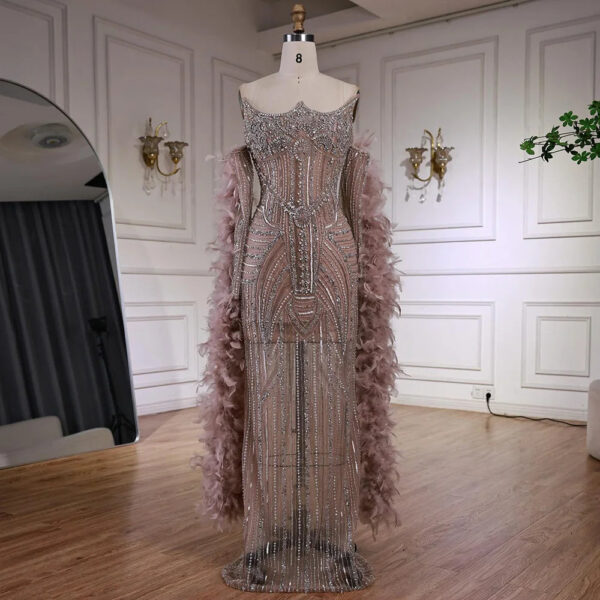 Nove Dress Caramel Beaded Feather Evening Dress 1 - Nove Dress
