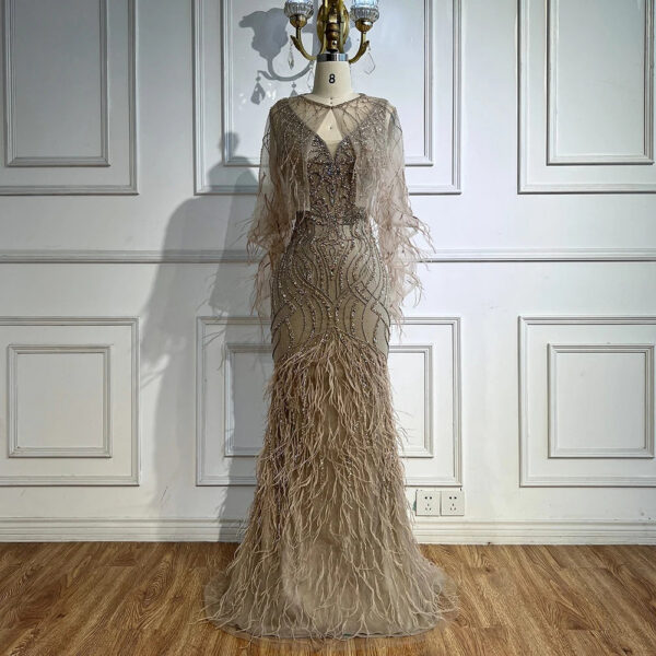 Nove Dress Caramel Beaded Feather Mermaid Evening Dress - Style LA71866 1 - Nove Dress