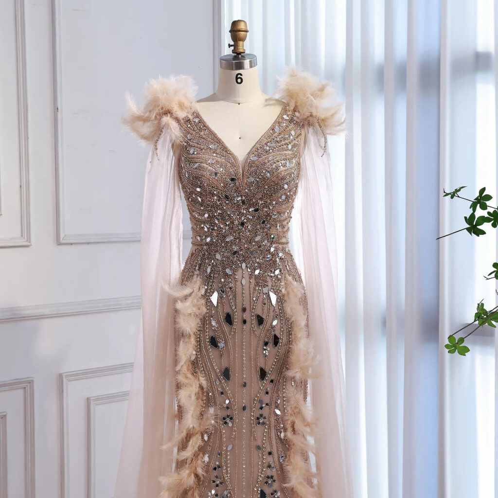 Nove Dress Caramel Beaded Feather Mermaid Evening Dress - Style
