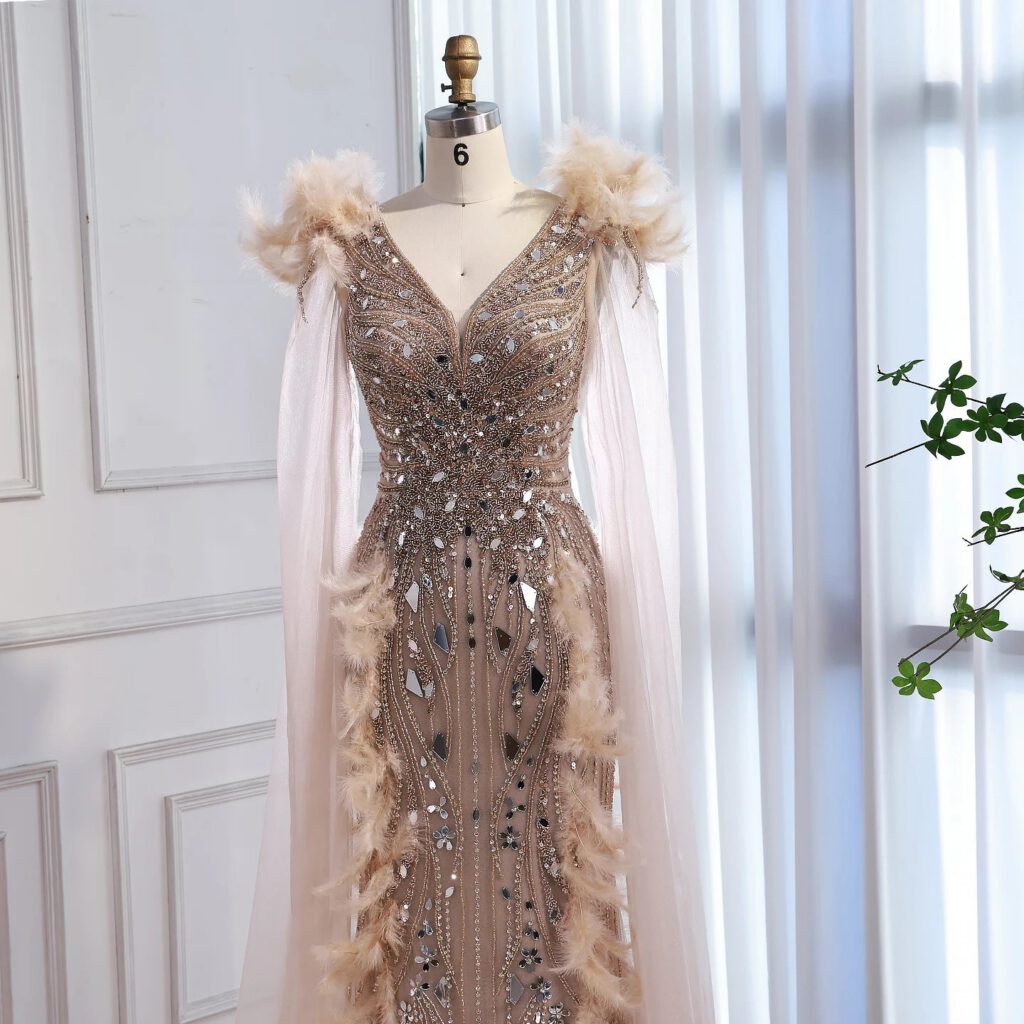 Nove Dress Caramel Beaded Feather Mermaid Evening Dress - Style