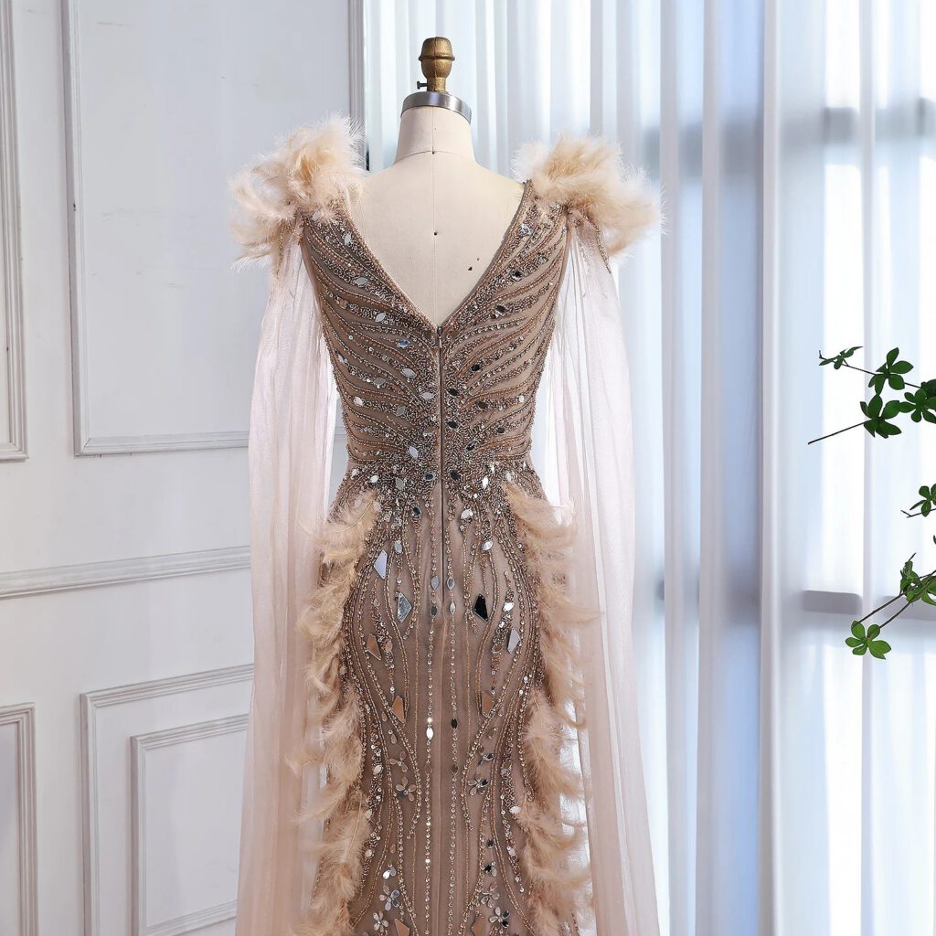 Nove Dress Caramel Beaded Feather Mermaid Evening Dress - Style