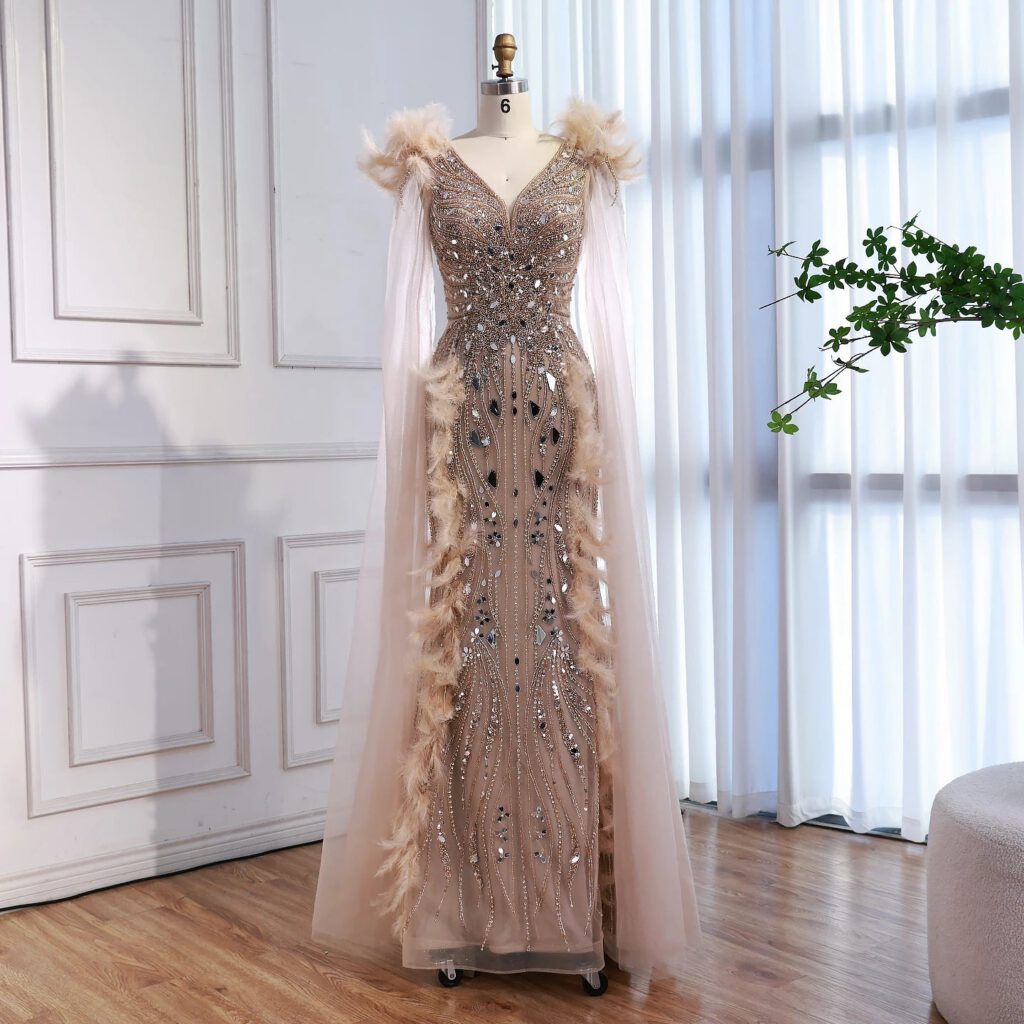 Nove Dress Caramel Beaded Feather Mermaid Evening Dress - Style