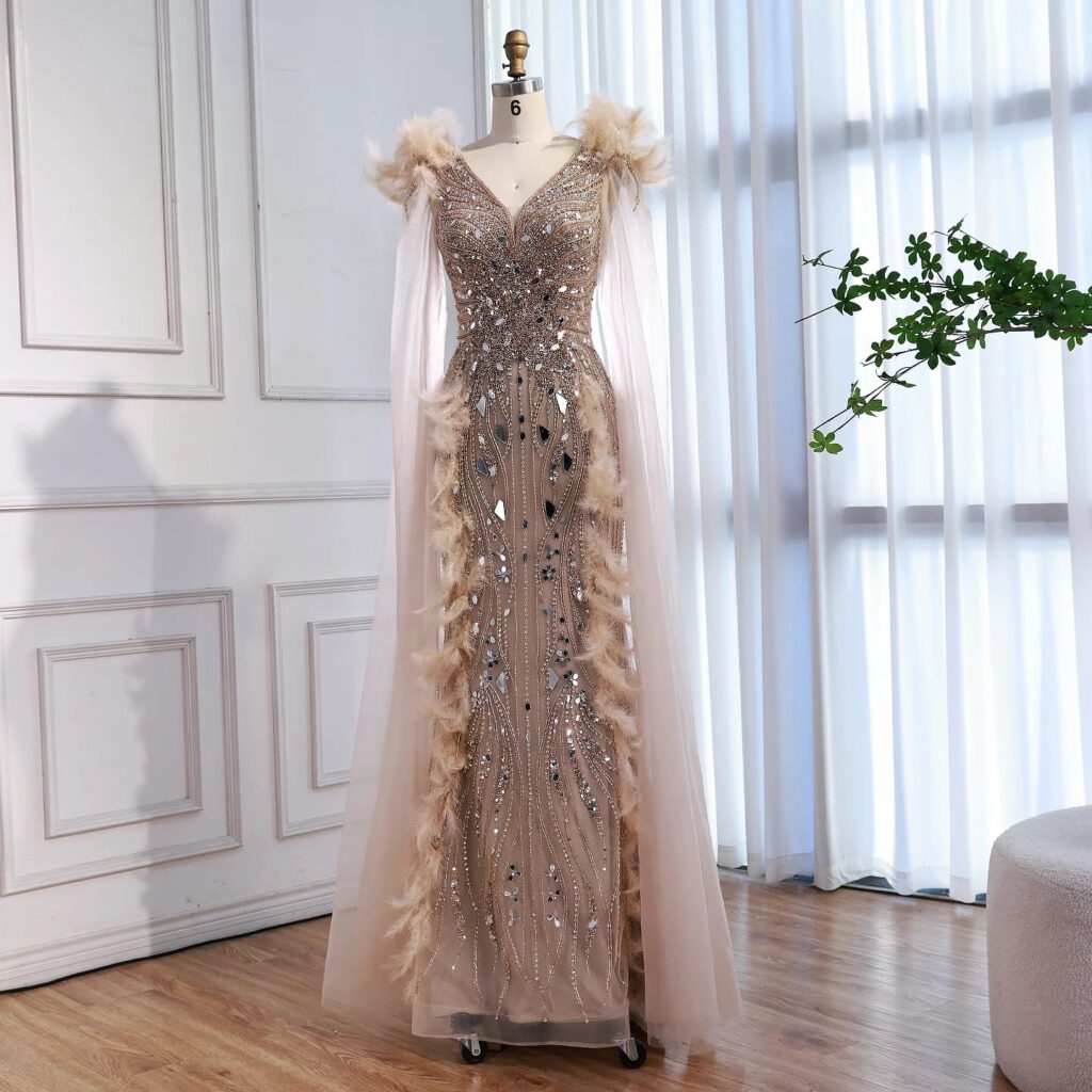 Nove Dress Caramel Beaded Feather Mermaid Evening Dress - Style