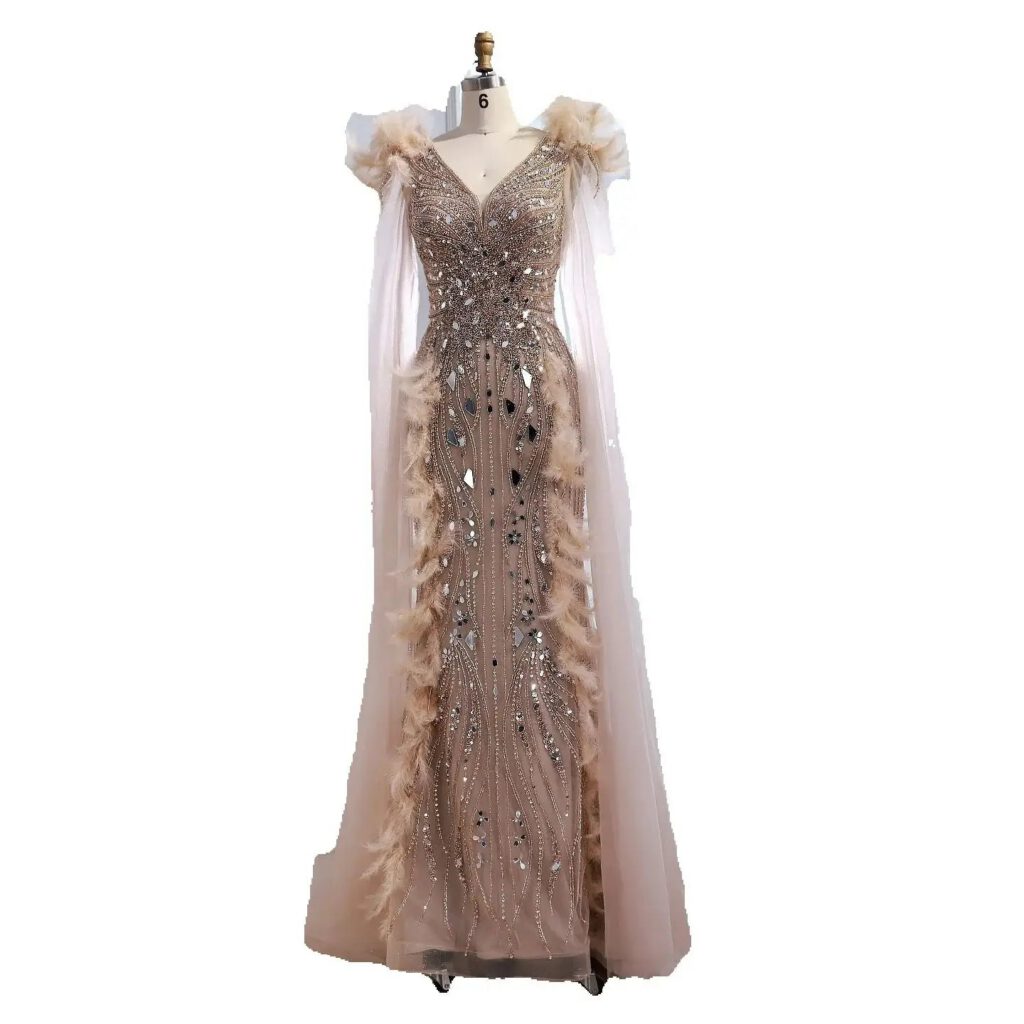 Nove Dress Caramel Beaded Feather Mermaid Evening Dress - Style