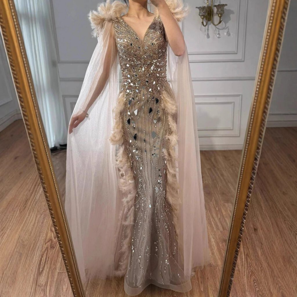 Nove Dress Caramel Beaded Feather Mermaid Evening Dress - Style