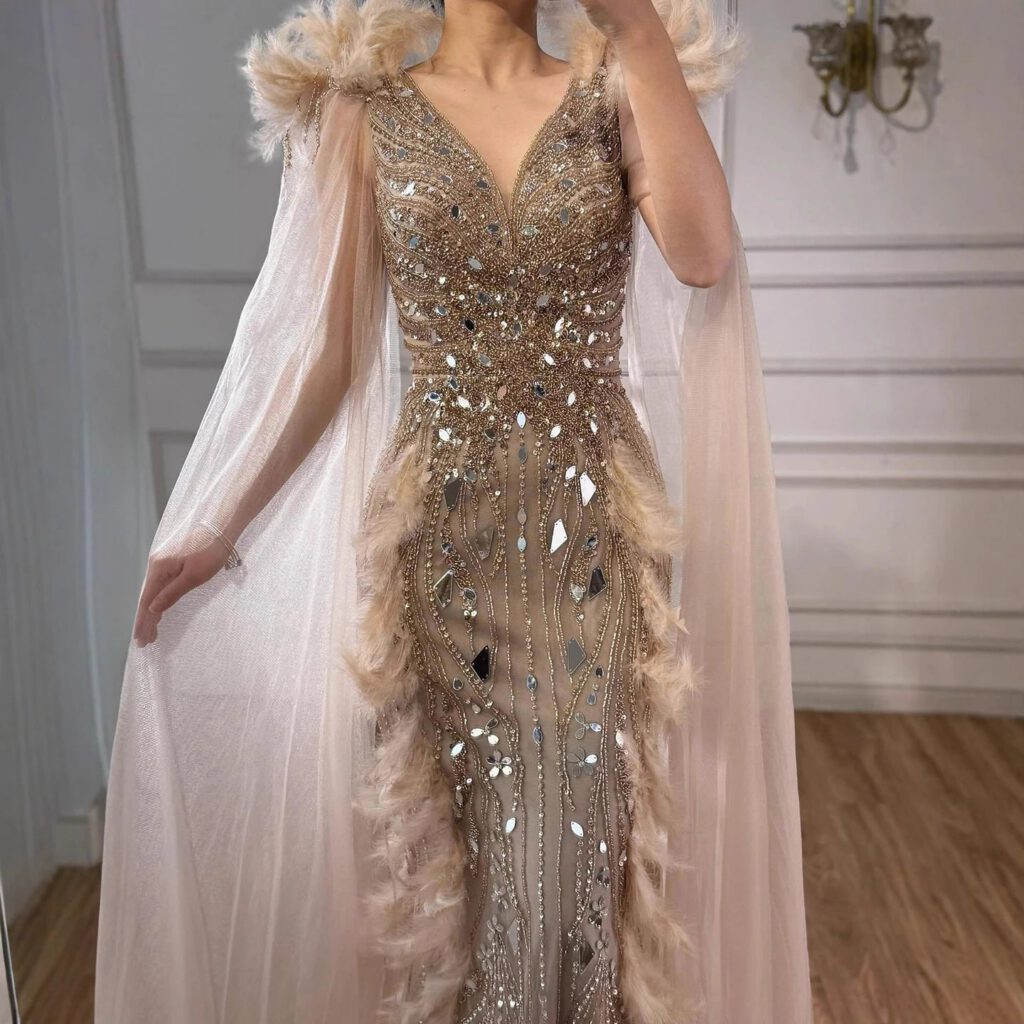 Nove Dress Caramel Beaded Feather Mermaid Evening Dress - Style