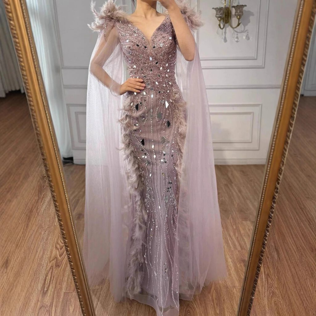Nove Dress Caramel Beaded Feather Mermaid Evening Dress - Style