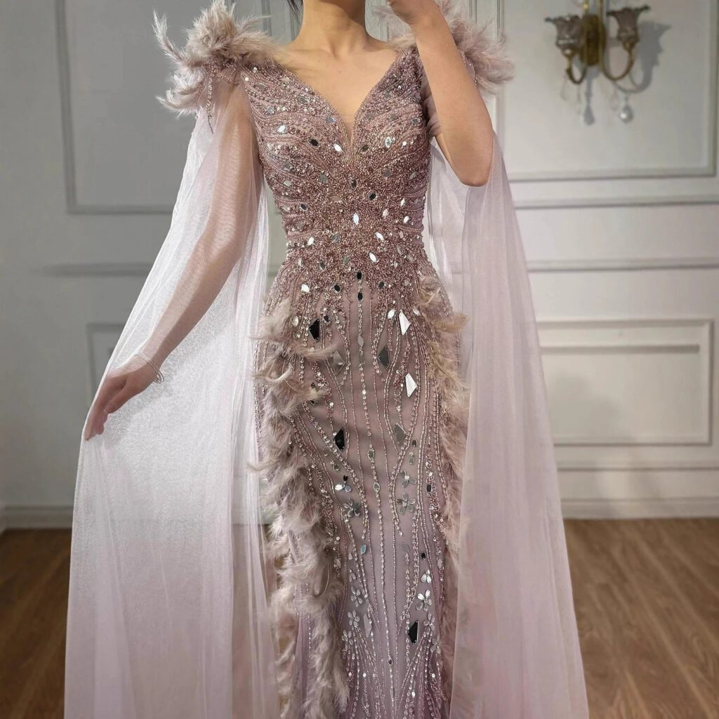Nove Dress Caramel Beaded Feather Mermaid Evening Dress - Style