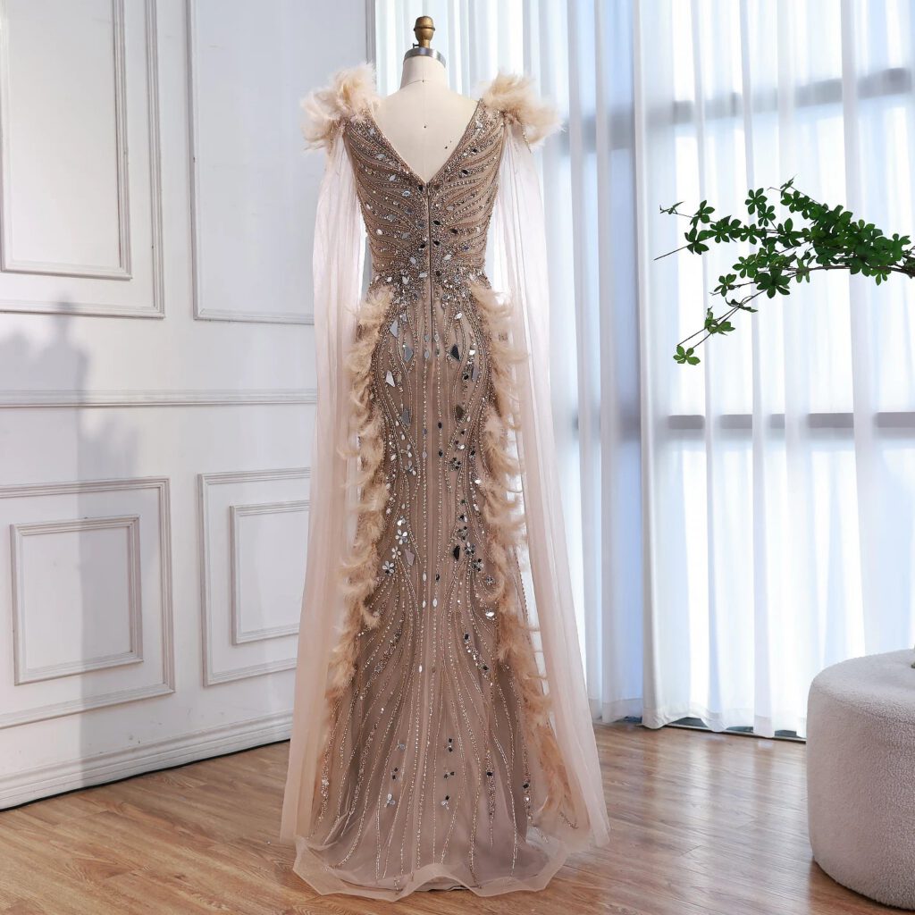 Nove Dress Caramel Beaded Feather Mermaid Evening Dress - Style