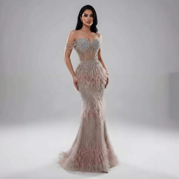 Nove Dress Caramel Beaded Feather Off Shoulder Mermaid Evening Dress 1 - Nove Dress