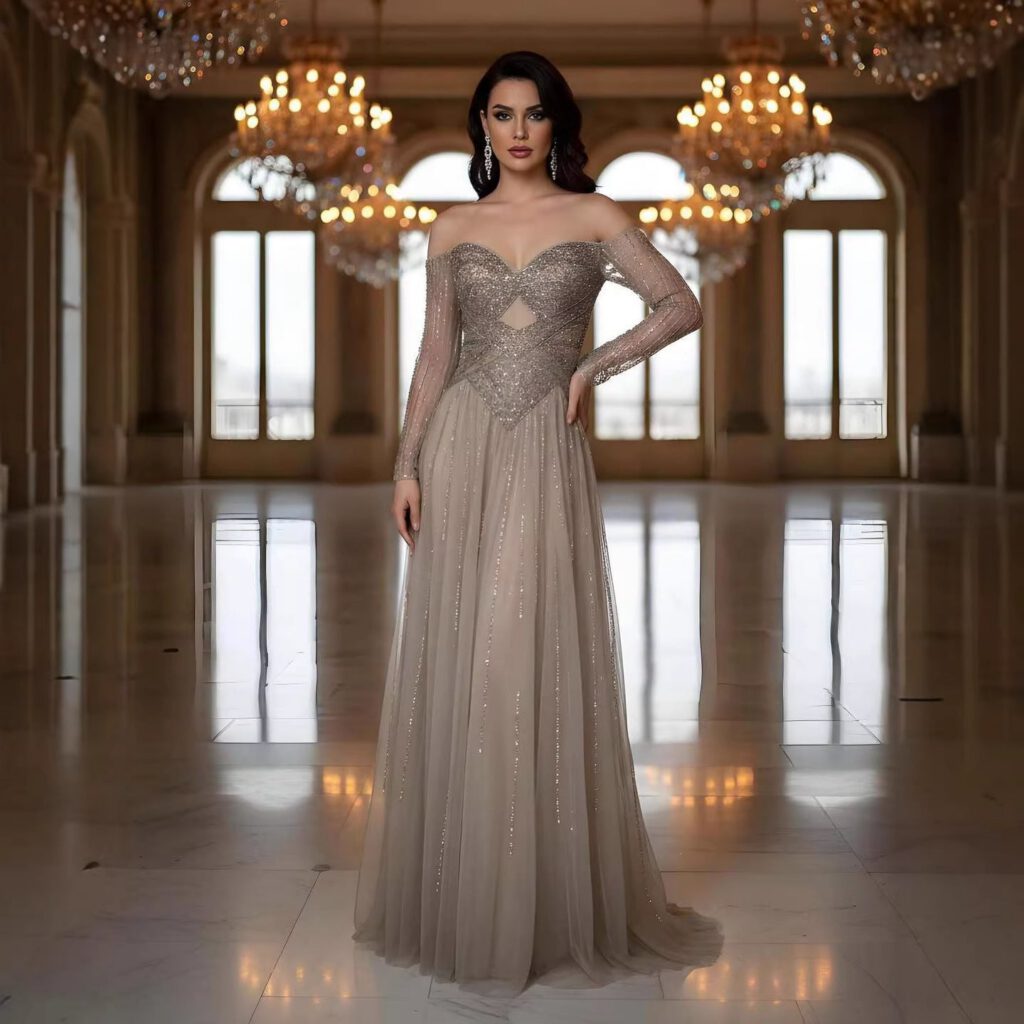 Nove Dress Caramel Beaded Long Sleeve A-Line Evening Dress