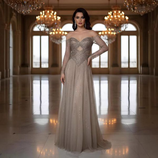 Nove Dress Caramel Beaded Long Sleeve A-Line Evening Dress 1 - Nove Dress