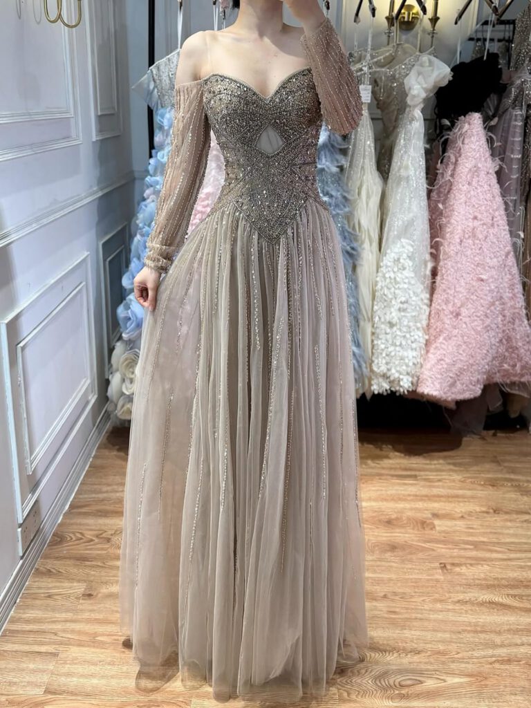 Nove Dress Caramel Beaded Long Sleeve A-Line Evening Dress