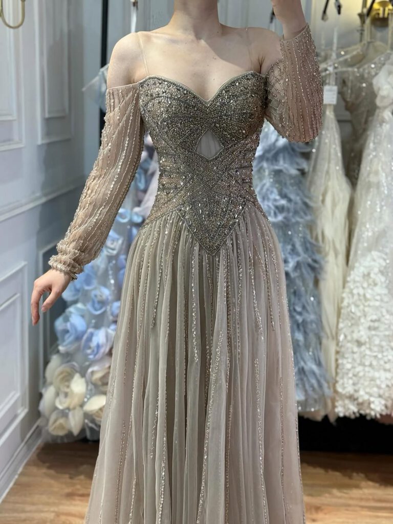 Nove Dress Caramel Beaded Long Sleeve A-Line Evening Dress
