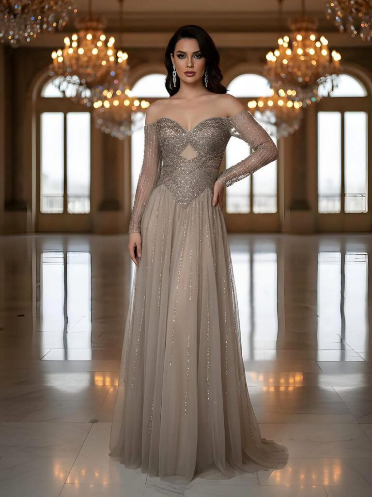 Nove Dress Caramel Beaded Long Sleeve A-Line Evening Dress
